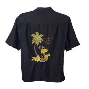 Caribbean Black Parrot Drink Embroidered Hawaiian Shirt Men Medium Polly Wants
